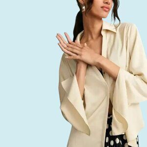 Anthropologie Sunday In Brooklyn Blouse Cream  Silky Button Down  Trumpet Sleeve